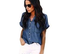 XWANG Camicia da donna in jeans, a maniche corte, con scollo a V, slim fit, per primavera, estate, autunno, casual, top, Blu scuro, XL