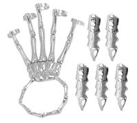 Xweptuy Bracciale a Mano Scheletro con 5 Anelli per Dita Intere Gioielli Punk gotici con Giunti mobili in Lega placcata Gioielli di Halloween per Cosplay, Feste, Costumi, Argento