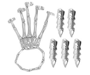 Xweptuy Bracciale a Mano Scheletro con 5 Anelli per Dita Intere Gioielli Punk gotici con Giunti mobili in Lega placcata Gioielli di Halloween per Cosplay, Feste, Costumi, Argento