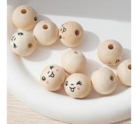 XWNXQ 100 Pezzi di Perline di Legno Naturale Rotonde da 20 mm, Perline di Legno a Forma di Faccina Sorridente con Fori, per Braccialetti e collane di Perline, Fai da Te e Artigianato