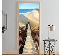 XWYDCF Adesivo Porta 3D Fai da Te 77 * 200Cm Scaletta in Legno Vista Mare Spiaggia Adesivo per Porta PVC Decalcomanie in Autoadesivo Foto Carta da Parati Porta Murale Decorazioni per La Casa