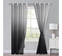 XWZO Ombre - Tende con occhielli, in voile sfumato, per camera da letto e soggiorno, 2 pezzi, con fermatenda, altezza 225 x larghezza 140 cm, colore nero, HDEU-EDMBJBS-N-D2P-5589-04