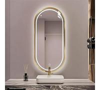 Xxbbyubo Specchio con Cornice LED a Parete 120cm, Specchio da Trucco Ovale Bagno, Cornice in Metallo 100cm, 3 Colori Illuminato/Anti-Appannamento(Gold,80x130cm)