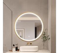 Xxbbyubo Specchio Cosmetico Antiappannamento Rotondo 90cm, Grand Cornice in Metallo Specchio da Bagno con 3 Colori di Luce, 70/80cm, con Interruttore Tattile(Gold,60cm/24inch)