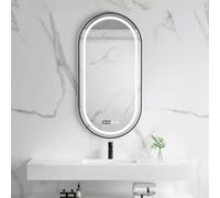 Xxbbyubo Specchio da Trucco con Luce a Parete, Specchio da Bagno Ovale LED con Telaio in Metallo 120/130cm, 3 Colori di Luce, Antiappannamento(Black,50x80 cm)