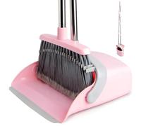 XXFLOWER Set di scope e paletta con manico lungo, scopa con paletta, set con manico estraibile, paletta Broom and Dustpan, per la pulizia della casa, ufficio (grigio-rosa)