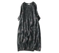 XXGJOALD Abito Midi da Donna in Cotone e Lino con Scollo A V, Maniche A 3/4, Stampa Floreale Bohémien, Linea Ad A, con Parte Anteriore Plissettata, Estivo, Leggero e Traspirante, Blu Navy, Taglia M