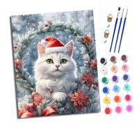 XXHXIE Dipingere con i numeri, fai da te, dipinto a mano, set di pittura a olio per principianti e ragazzi, gatto bianco con cappello di Natale pennello e vernice acrilica, 40 x 50 cm, ideale come