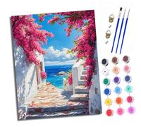XXHXIE Kit di pittura con i numeri per adulti su tela colorata con simboli trasparenti Vicolo dei fiori rosa vicino al mare Facile fai da te pigmento acrilico disegno pittura per la decorazione delle