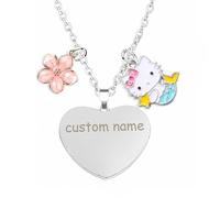 XXLNBJKA Personalizzata Cuore Collana,Collana Personalizzata con Incisione di Testo Nome Data,Gioielli in Acciaio Inossidabile,Cute Anime Gatto Necklace Fiore Accessori,Regali per Donne Ragazze