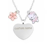 XXLNBJKA Personalizzata Cuore Collana,Collana Personalizzata con Incisione di Testo Nome Data,Gioielli in Acciaio Inossidabile,Cartoon Anime Gatto Necklace Fiore Accessori,Regali per Donne Ragazze