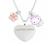 XXLNBJKA Personalizzata Cuore Collana,Collana Personalizzata con Incisione di Testo Nome Data,Gioielli in Acciaio Inossidabile,Kawaii Anime Gatto Necklace Fiore Accessori,Regali per Donne Ragazze