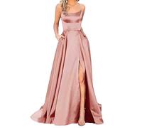 xxxiticat Abiti da donna eleganti lunghi con tasche, abito da sposa in raso A-line con schiena scoperta, abiti da sera, abito da sposa scollato con spalline sottili, abito da damigella d'onore lungo