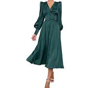 xxxiticat Abito da Donna, a Maniche Lunghe, in Raso, Maxi Abito, con Maniche a Lanterna, Chiusura a Bottoni, Volant, Monopetto, a Maniche a Sbuffo, Abito Midi Vintage, verde scuro, L