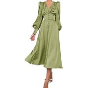 xxxiticat Abito da donna a maniche lunghe in satin, maxi abito con maniche a lanterna, chiusura a bottoni, volant, una fila, maniche a sbuffo, abito midi vintage, verde, S