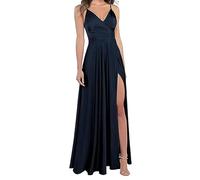 xxxiticat - Abito da donna, con spalline sottili, scollo a V, in satin, da damigella, abito formale a linea A, da ballo, da sera, con fessura, Blu mezzanotte, M