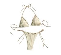 XXYAOCHEN Bikini Bikini Estivo da Donna con Allacciatura al Collo, in Tessuto Intrecciato, dai Colori Vivaci, Perfetto per La Spiaggia.-Cachi-S