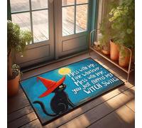 XYBH Tappetini autunnali per porta d'ingresso gatto nero che indossa un cappello da strega con una luna sullo sfondo. Zerbino per ingresso tappetini per casa (40 x 60 cm)