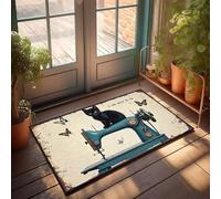 XYBH Tappetino autunnale per esterni, un gatto nero seduto su una macchina da cucire vintage con farfalle intorno. Zerbino invernale di benvenuto decorativo per la casa (40 x 60 cm)