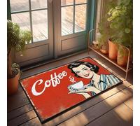 XYBH Tappeto da esterno per porta d'ingresso vintage con pubblicità sul caffè con donna che tiene la tazza. Zerbino, zerbino, zerbino per interni, ingresso estivo, tappetino per porta d'ingresso (50 x