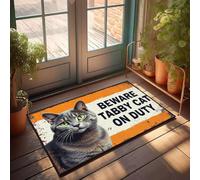 XYBH Zerbino autunnale con scritta "Welcome Beware": gatto tabby on duty, accessori per camera da letto, zerbino di casa (65 x 90 cm)