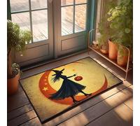 XYBH Zerbino per porta d'ingresso, con silhouette di una strega con una lanterna di zucca contro una luna piena, divertente decorazione per la casa e la stanza dei giochi (40 x 60 cm)