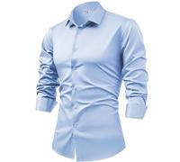 XYERDLYN Camicia da Uomo A Maniche Lunghe in Raso di Seta con Gemelli, Camicie Eleganti, Casual, Lucide, con Bottoni, di Lusso, per Feste, Balli di Fine Anno, Matrimonio, Lavoro, Top Non Stirabile