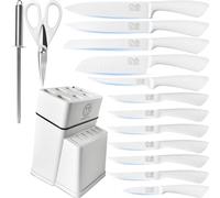 XYJ Authentic Since 1986 - Set di coltelli da cucina con portacoltelli, in acciaio inox, coltello da chef giapponese, coltello da bistecca, coltello per intagliare e affettare, Santoku