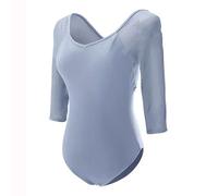 XYLGJYT Body da Danza per Ragazze/Donne, Body Nero a Maniche Lunghe a 3/4 e Scollo a V, Body da Ginnastica in Nylon Elasticizzato Traspirante Body da Ballo per Balletto,Light Grey-M