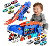 Xylota Giocattolo per bambini a partire dai 3 4 5 6 7 anni - 2 in 1 pista pieghevole con 12 pull-back auto e dino, confezione regalo inclusa (blu)