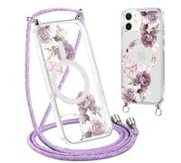 Xylota Magnetica Cover con Cordino per iPhone 12 mini 5,4" Compatibile con MagSafe, Aesthetic Motivo Disegni Trasparente Custodia, Protettiva Case con Laccio Tracolla per iPhone 12 mini, Fiori 02