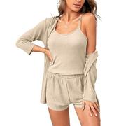 XYMJT Pigiama da Donna 3 Pezzi, Cardigan Morbido E Comodo Pigiama Camicie Pantaloncini Indumenti da Notte Senza Maniche Canotte Estate Casual Abbigliamento da Notte Abbigliamento da Casa per Donna B