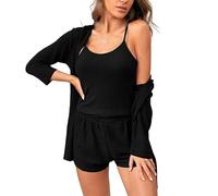 XYMJT Pigiama da Donna 3 Pezzi, Cardigan Morbido E Comodo Pigiama Camicie Pantaloncini Pigiami Senza Maniche Canotte Estate Casual Abbigliamento da Notte Pigiama per Donna Nero XS