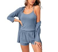 XYMJT Pigiama da Donna 3 Pezzi, Cardigan Morbido E Confortevole Pigiama Camicie Pantaloncini Indumenti da Notte Senza Maniche Canotte Estate Casual Abbigliamento da Notte Abbigliamento da Casa per D