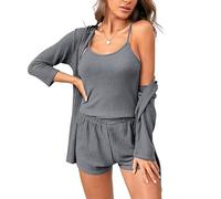 XYMJT Pigiama da Donna 3 Pezzi, Cardigan Morbido E Confortevole Pigiama Camicie Pantaloncini Indumenti da Notte Senza Maniche Canotte Estate Casual Abbigliamento da Notte Abbigliamento da Casa per D
