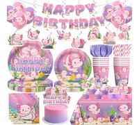 Xynic Axolotl, 171 decorazioni per feste di compleanno Axolotl rosa, decorazioni per torte, cupcake, palloncini, striscioni, piatti e tovaglioli, tovaglia, forniture per feste per ragazze, cartoni