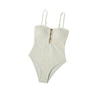 XYNM Bikini Donna Vintage Foglie di caffè Stampa Un Pezzo Costume da Bagno Donne A Perline Stringa Cavo Fuori Senza Schienale Maglia Slim Fit Controllo della Pancia-White-m