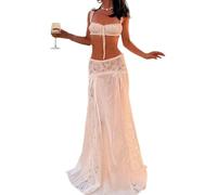 XYNM Gonna Lunga Completi da Donna 2 Pezzi Y2k Vintage Pizzo Collo Quadrato Allacciatura Canotta Corta con Volant Set Abbigliamento Spiaggia per Le Vacanze-Bianco-m