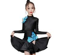 Xytraiihw Ragazze Vestito da Ballo Latino, Bambini Inverno Latino Sala da Ballo Abiti Blu Fiore Nero Maniche Lunghe Abito da Competizione Bambini Salsa Tango Gonna,Nero,140