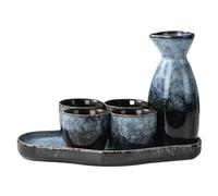 XYUERU Set da sake giapponese, 1 bottiglia e 4 tazze con vassoio in bambù, set da sake in ceramica - Adatto al microonde e alla lavastoviglie(Gray)