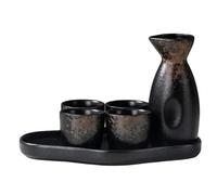 XYUERU Set da sake giapponese, 1 bottiglia e 4 tazze con vassoio in bambù, set da sake in ceramica - Adatto al microonde e alla lavastoviglie(Brown)