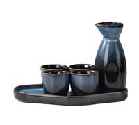XYUERU Set da sake giapponese, 1 bottiglia e 4 tazze con vassoio in bambù, set da sake in ceramica - Adatto al microonde e alla lavastoviglie(Blue)