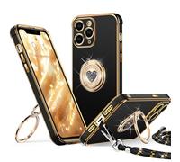XYZ Cover per iPhone 11 Pro con Cordino, Nero | Custodia con Doppio Anello a Forma di Cuore e Supporto - Custodia Protettiva Lussuosa per Ragazze e Donne