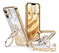XYZ Cover per iPhone 12 con supporto, per donne e ragazze, con doppio anello, trasparente, a forma di cuore, colore: oro