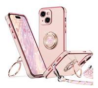 XYZ Cover per iPhone 15 Plus con Supporto, Custodia con Doppio Anello a Forma di Cuore con Cordino per Ragazze e Donne, Custodia Protettiva di Lusso per iPhone 15 Plus, Rosa