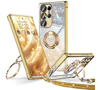 XYZ Cover per Samsung Galaxy S25 Ultra, Custodia con Cuore Doppio Anello Stand Lusso Glitter Cellulare, Donne Antiurto Placcato Morbido Protettivo Chiaro Samsung S25 Ultra, Oro