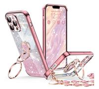 XYZ Custodia per iPhone 12 Pro con supporto, custodia per telefono con cavalletto a doppio anello, per donne e ragazze, lussuosa custodia trasparente glitterata per iPhone 12 Pro, oro rosa