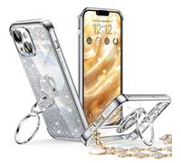 XYZ Custodia per iPhone 13 con supporto, custodia per telefono con cavalletto a doppio anello, donne e ragazze Bling lusso glitter trasparente custodia per telefono cover cuore per iPhone 13, argento