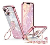 XYZ per iPhone 14 Custodia con Supporto, Custodia per Telefono con Doppio Supporto ad Anello, Custodia Bling di Lusso con Glitter Trasparente per iPhone 14, Modello Cuore, Oro Rosa