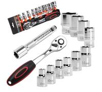 XYZDOUBLE 12 Pezzi Set di Chiavi a Bussola con Cricchetto da 1/2" 8 mm - 24 mm Inserti Esagonali e Prolunga da 125.5 mm Cricchetto Reversibile in Cr-V con Pulsante di Scatto